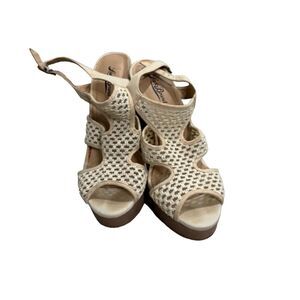 Lucky Brand Remmy Woven Crochet Wedge Slingback Sandals Ivory Tan Sz 9M/39